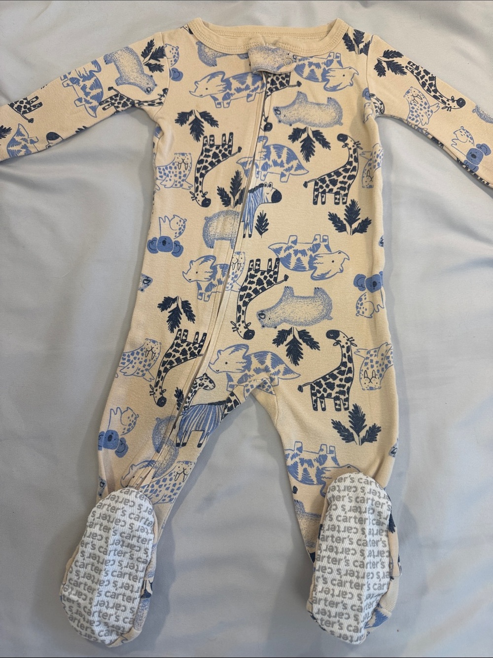 Carter's Cream and Blue Safari Animal Footed One-Piece